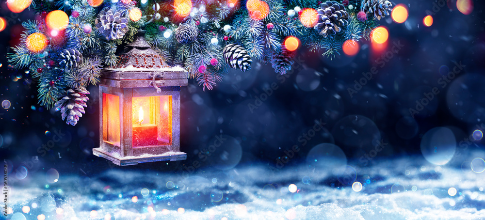 Christmas Lantern In Night With Snow And Fir Branch - obrazy, fototapety, plakaty 