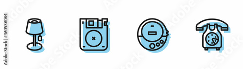 Set line Music CD player, Floor lamp, Floppy disk and Telephone handset icon. Vector