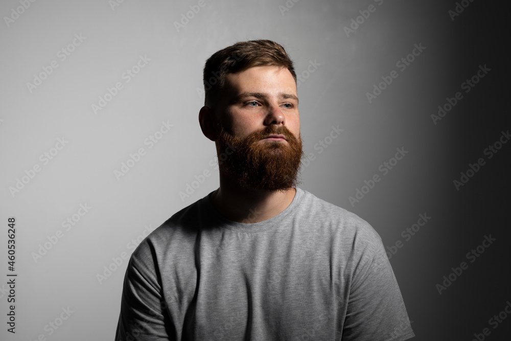 Close-up portrait of a handsome a brunette brutal bearded man in a grey t-shirt. Stylish and handsome man with a beard.