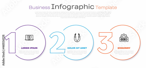 Set line Laptop with star, Magnet and SEO optimization. Business infographic template. Vector