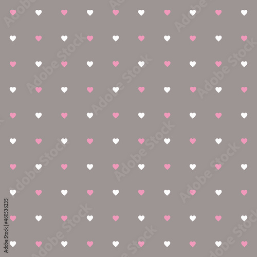 Seamless geometric pattern. Small white and pink hearts on a gray background.