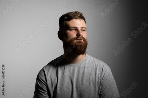 Close-up portrait of a handsome a brunette brutal bearded man in a grey t-shirt. Stylish and handsome man with a beard.