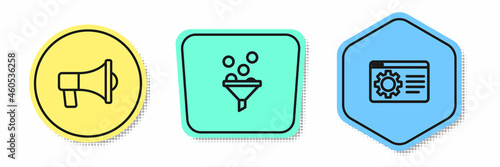 Set line Megaphone, Lead management and Browser setting. Colored shapes. Vector