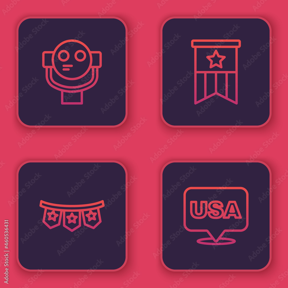Set line Tourist binoculars, Carnival garland with flags, American and USA Independence day. Blue square button. Vector Set line Tourist binoculars, Carnival garland with flags, American and USA Independence day. Blue square button. Vector