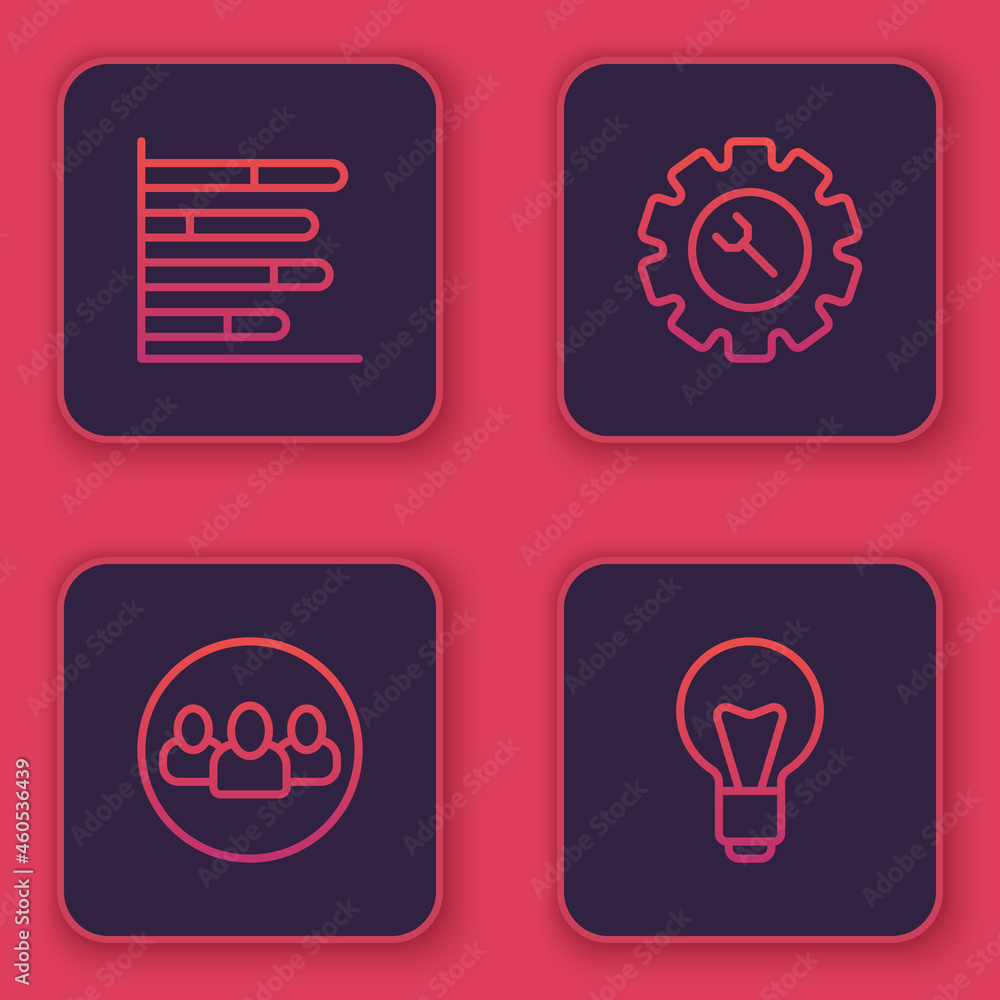 Set line Pie chart infographic, Project team base, Wrench and gear and Light bulb. Blue square button. Vector