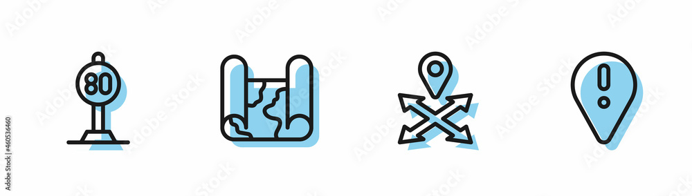 Set line Location, Speed limit traffic, Folded map and with exclamation mark icon. Vector