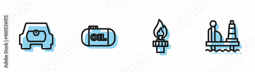 Set line Oil rig with fire, Gas tank for vehicle, storage and platform in the sea icon. Vector