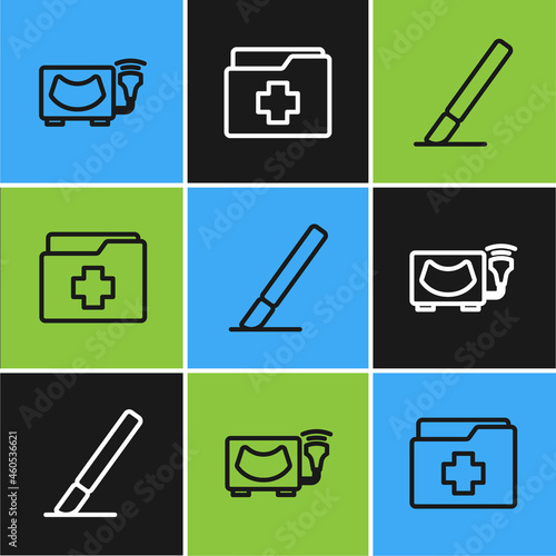 Set line Ultrasound, Surgery scalpel and Patient record icon. Vector