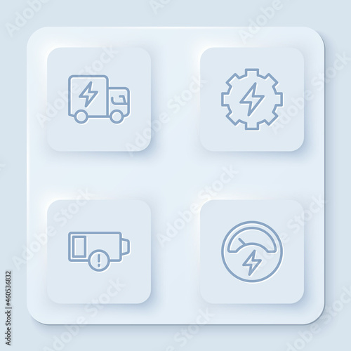 Free Download Set line Electric truck, Gear and lightning, Low battery and Voltmeter. White square button. Vector - GFXLoad
