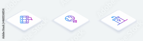Set Isometric line Packaging of birth control pills, Feminism the world and Debate podium rostrum. White square button. Vector