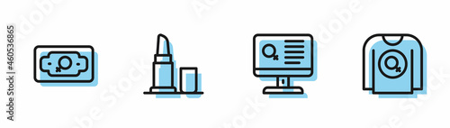 Set line Dating app, Money growth woman, Lipstick and Feminist shirt icon. Vector