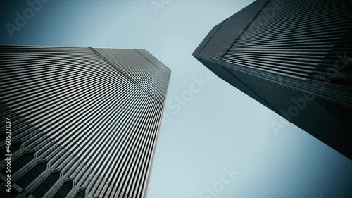 Low angle of World Trade Center towers. CG animation of twin towers of the World Trade Center. 3d visualization photo