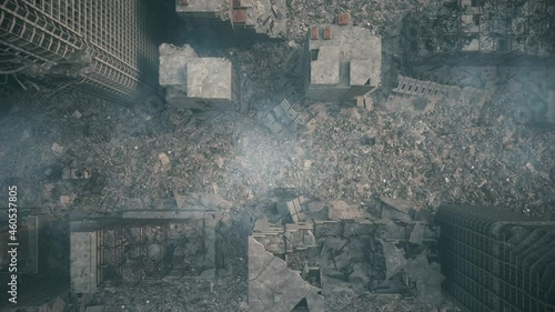 Ruined city after the war. Top view of destroyed town. Flight of a drone over the ruined city. Aerial view of the destroyed city. 3d visualization photo