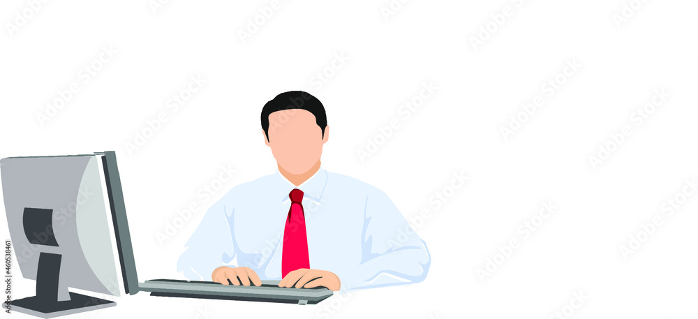 A man works on a computer. Happy businessman is sitting at the desktop. Work the computer and financial analytics. Office worker or company employee. Front Vector illustration in cartoon style Isolate