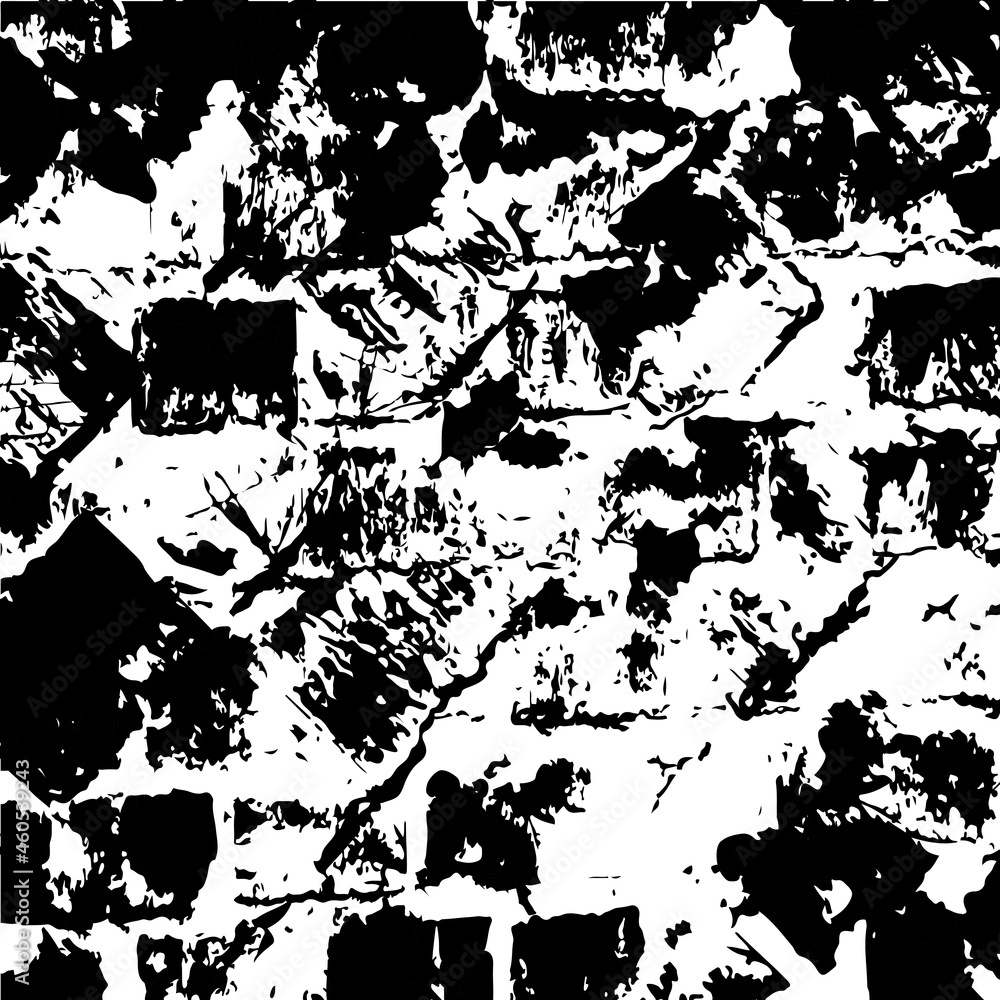 Abstract black and white grunge backdrop. Distress texture of spots, stains, ink, dots, scratches. Design element for pattern, grungy effect, template, background. Monochrome vector illustration
