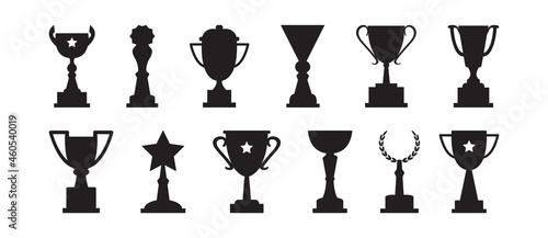 Award cups vector set, trophy black icons, sport champion prize isolated on white background. Winner illustration