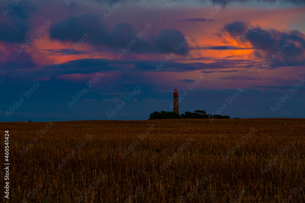 Lighthouse behind a cornfield at sunset. Germany, Island Fehmarn