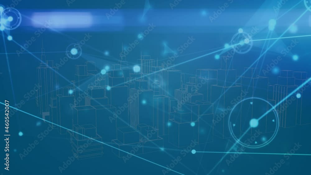 Animation of network of connections and data processing over city on blue background Animation of network of connections and data processing over city on blue background