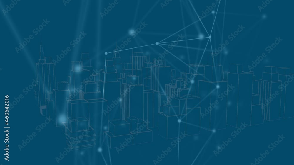 Animation of network of connections over city on blue background Animation of network of connections over city on blue background