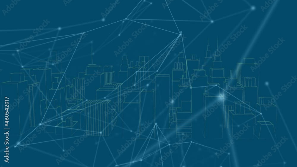 Animation of network of connections over city on blue background Animation of network of connections over city on blue background