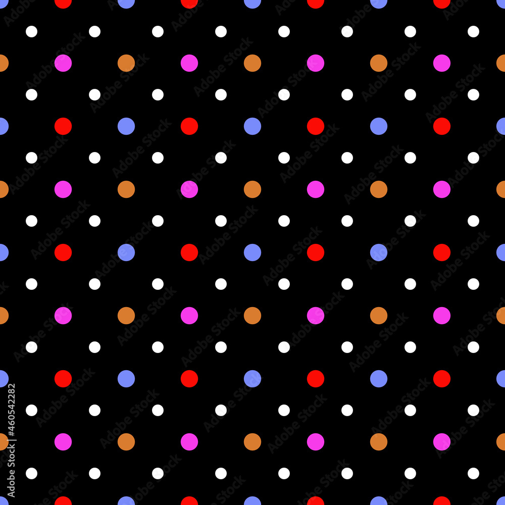 Seamless polka dots pattern. Multicolored dots on a black background. Seamless polka dots pattern. Multicolored dots on a black background.