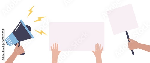 Protest. Protesters holding banners and placards. Activists with vote signs. Vector illustration