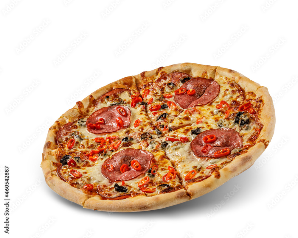 Pizza with cheese and tomato sauce isolated on white background. salami and pepperoni topping. Pizza with cheese and tomato sauce isolated on white background. salami and pepperoni topping.