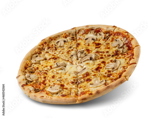 Pizza with cheese and tomato sauce isolated on white background. fresh mushroom topping.
