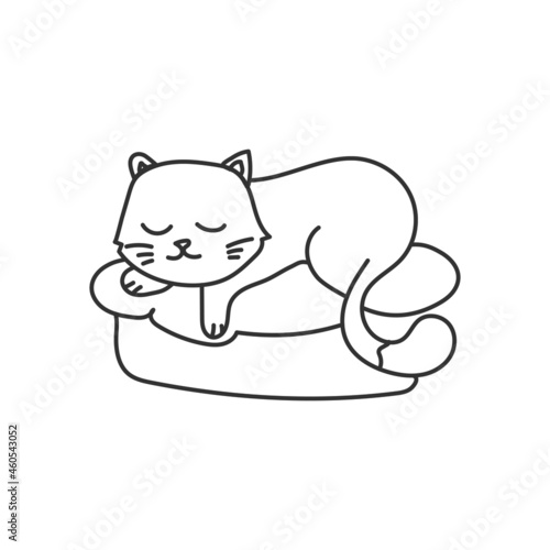 Fototapeta Naklejka Na Ścianę i Meble -  Hand Drawn Cat Sleep in Pillow Illustration Outline Design Vector Template