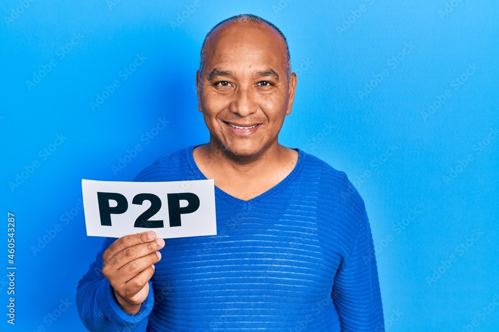 Middle age latin man holding p2p message paper looking positive and happy standing and smiling with a confident smile showing teeth Middle age latin man holding p2p message paper looking positive and happy standing and smiling with a confident smile showing teeth