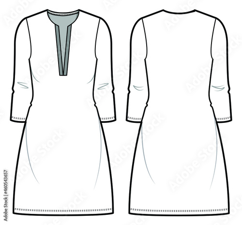 Women Long Sleeve Mandarin Deep Neck Shift Dress, Kurta Front and Back View. fashion illustration vector, CAD, technical drawing, flat drawing.