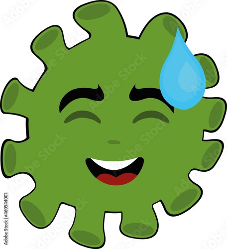 Vector illustration of cartoon microbe, virus or bacteria emoticon, with a shameful expression and a drop of perspiration falling from his head