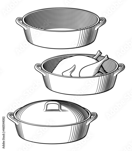 Dutch oven. Empty pot, roast chicken and pot with cap. Black and white stylized vector illustration