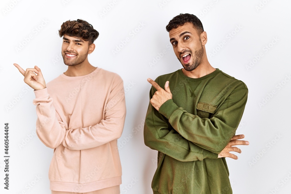 Young gay couple standing over isolated white background with a big smile on face, pointing with hand and finger to the side looking at the camera. Young gay couple standing over isolated white background with a big smile on face, pointing with hand and finger to the side looking at the camera.