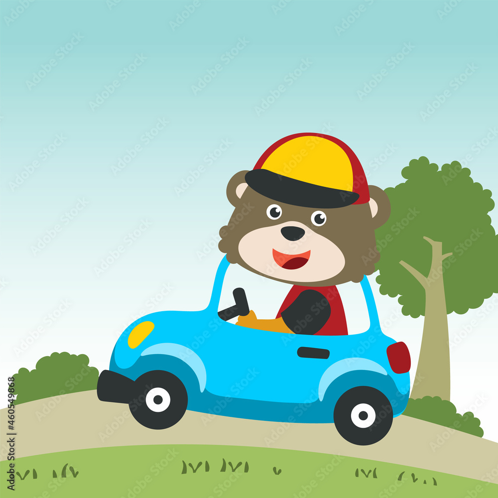 Cute bear driving a car go to forest funny animal cartoon. Creative vector childish background for fabric, textile, nursery wallpaper, poster, card, brochure. and other decoration.
