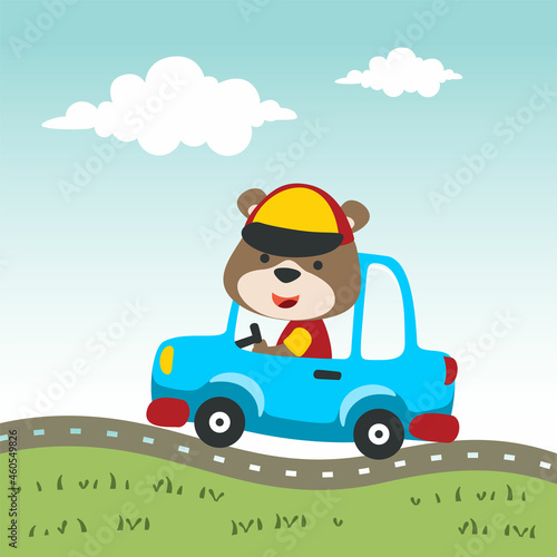 Vector illustration of cute bear driving car. Can be used for t-shirt print, kids t shirt design, wallpaper, invitation card. fabric, textile, nursery wallpaper, poster and other decoration. © Hijaznahwani