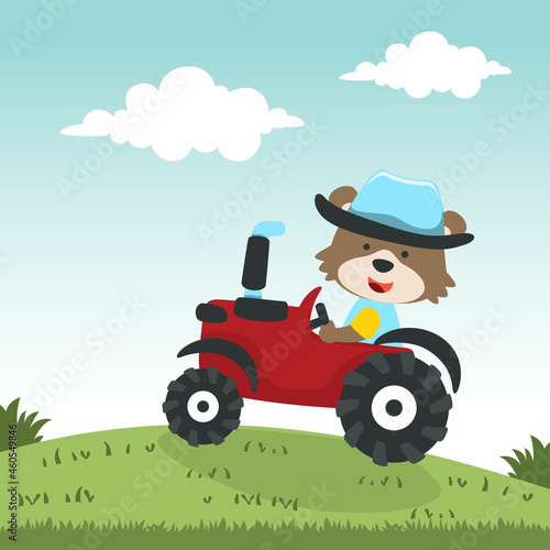 Cute bear and tractor in the farm, funny animal cartoon, Can be used for t-shirt print, kids wear fashion design, invitation card. fabric, textile, nursery wallpaper, poster and other decoration.