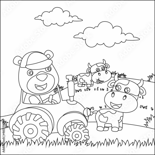 Cute bear and tractor in the farm, funny animal cartoon, Childish design for kids activity colouring book or page.