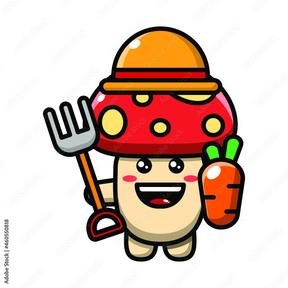 cute mushroom as a farmer icon illustration vector graphic
