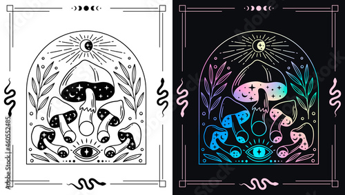 Magic mushrooms with moon phases and all seeing eye for esoteric theme designs. Black and while and holographic gradient poster.