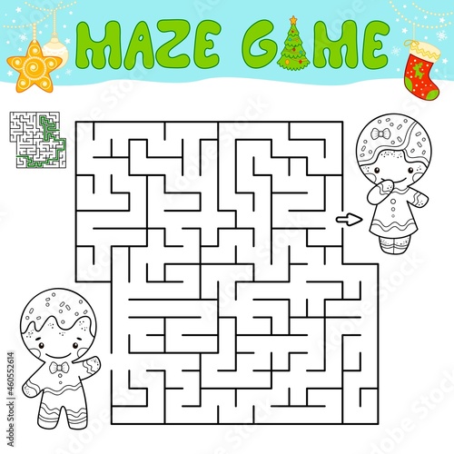 Christmas Maze puzzle game for children. Outline maze or labyrinth game with christmas Gingerbread man.