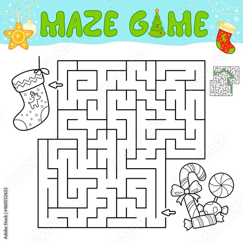 Christmas Maze puzzle game for children. Outline maze or labyrinth game with christmas Sock.