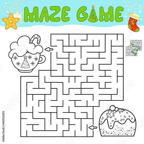 Christmas Maze puzzle game for children. Outline maze or labyrinth game with christmas cake.