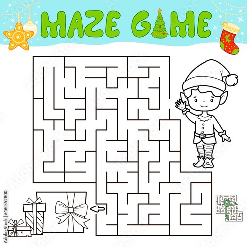 Christmas Maze puzzle game for children. Outline maze or labyrinth game with christmas boy elf.