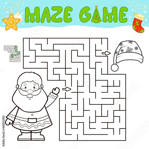 Christmas Maze puzzle game for children. Outline maze or labyrinth game with christmas Santa claus.