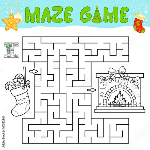 Christmas Maze puzzle game for children. Outline maze or labyrinth game with christmas Sock and fireplace.