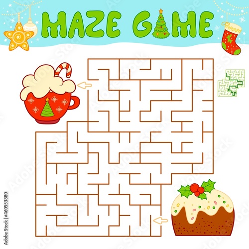 Christmas Maze puzzle game for children. Maze or labyrinth game with Christmas cake.
