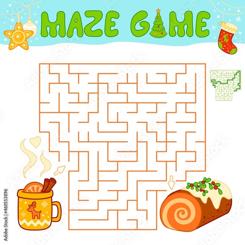 Christmas Maze puzzle game for children. Maze or labyrinth game with Christmas cake.