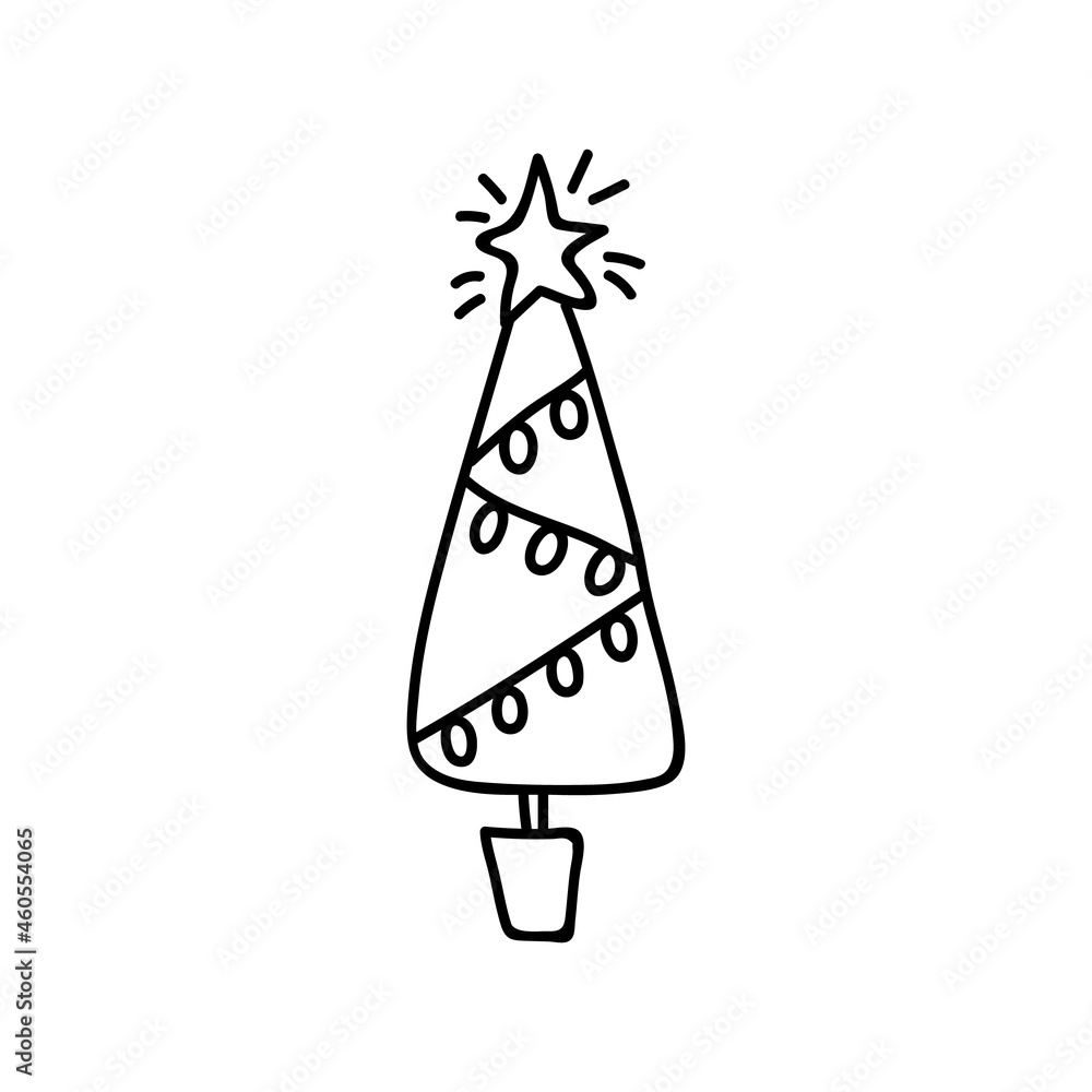 Single hand drawn Christmas tree with a garland. Vector illustration in doodles style. Isolated on white background. Single hand drawn Christmas tree with a garland. Vector illustration in doodles style. Isolated on white background.