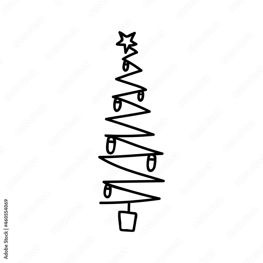 Single hand drawn Christmas tree with a garland. Vector illustration in doodles style. Isolated on white background. Single hand drawn Christmas tree with a garland. Vector illustration in doodles style. Isolated on white background.